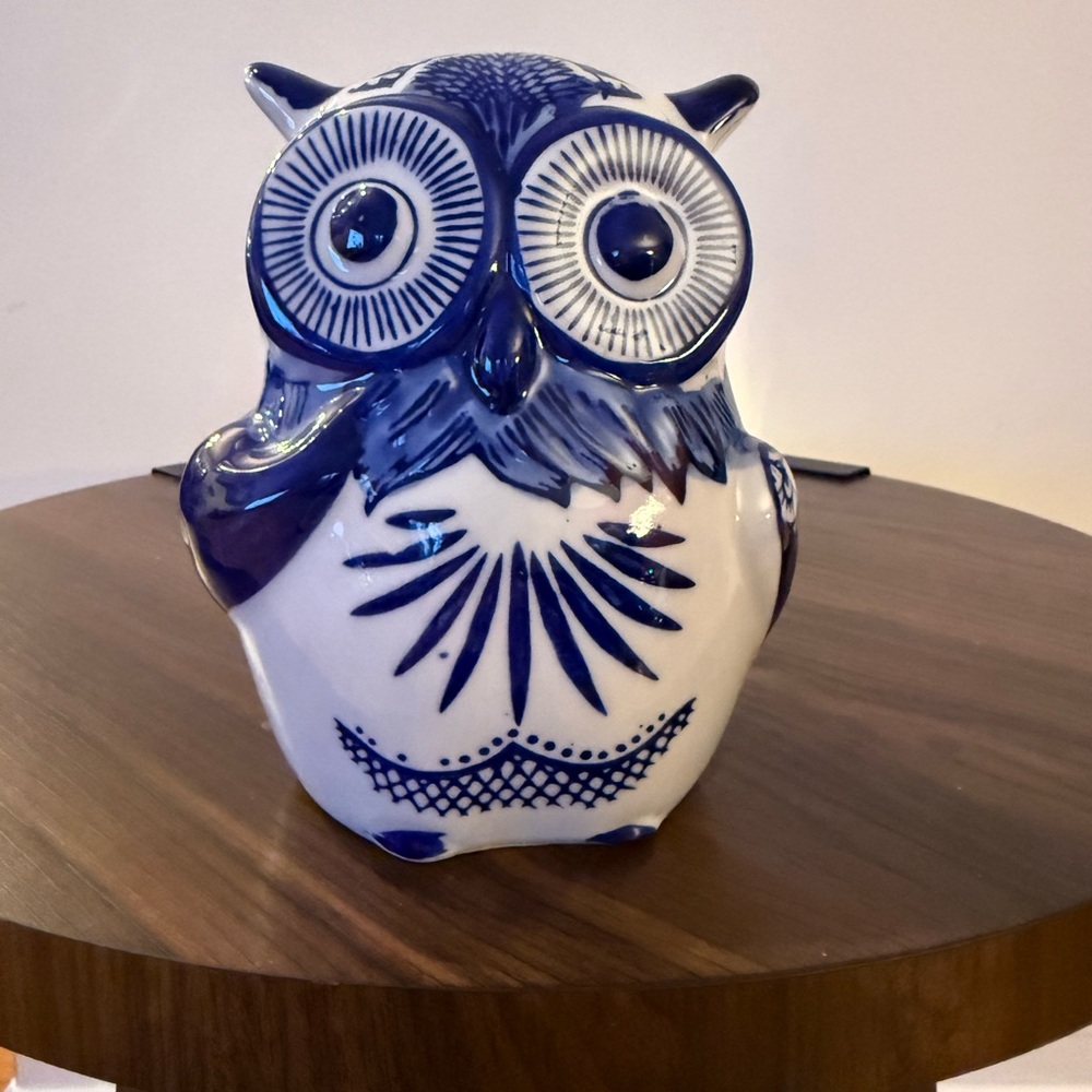 Blue and White Ceramic Owl Figurine